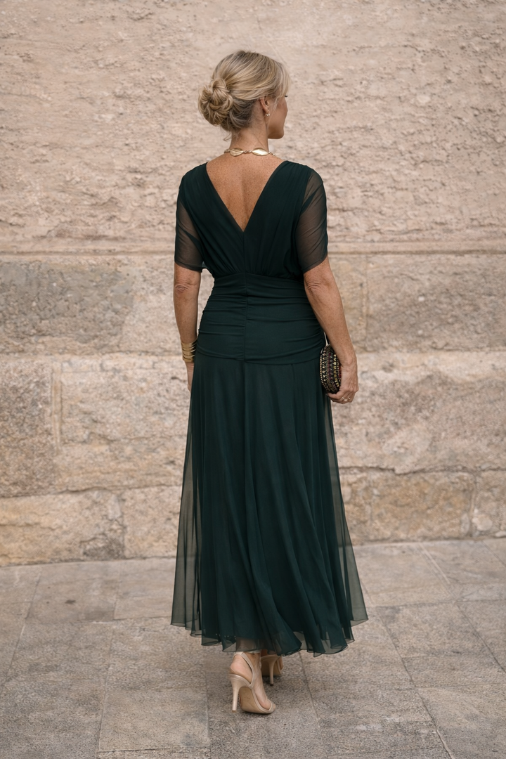 Flattering short-sleeve V-neck maxi dress for women, suitable for formal evening events.