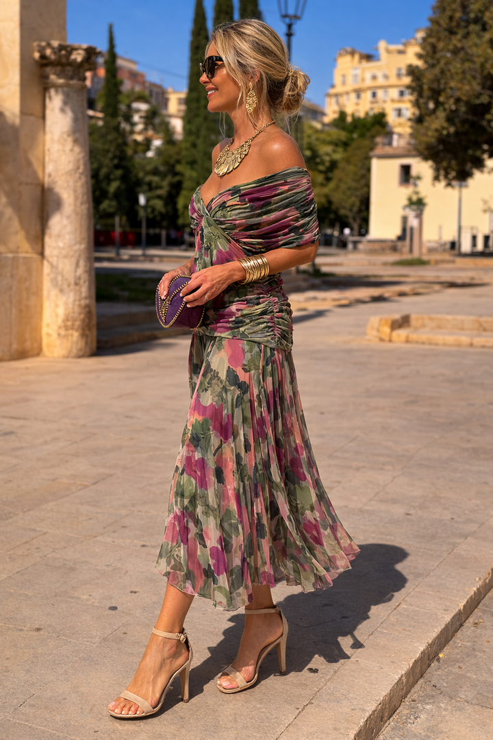 Formal women's maxi dress with an elegant V-neck and flattering wrap design for evening wear.