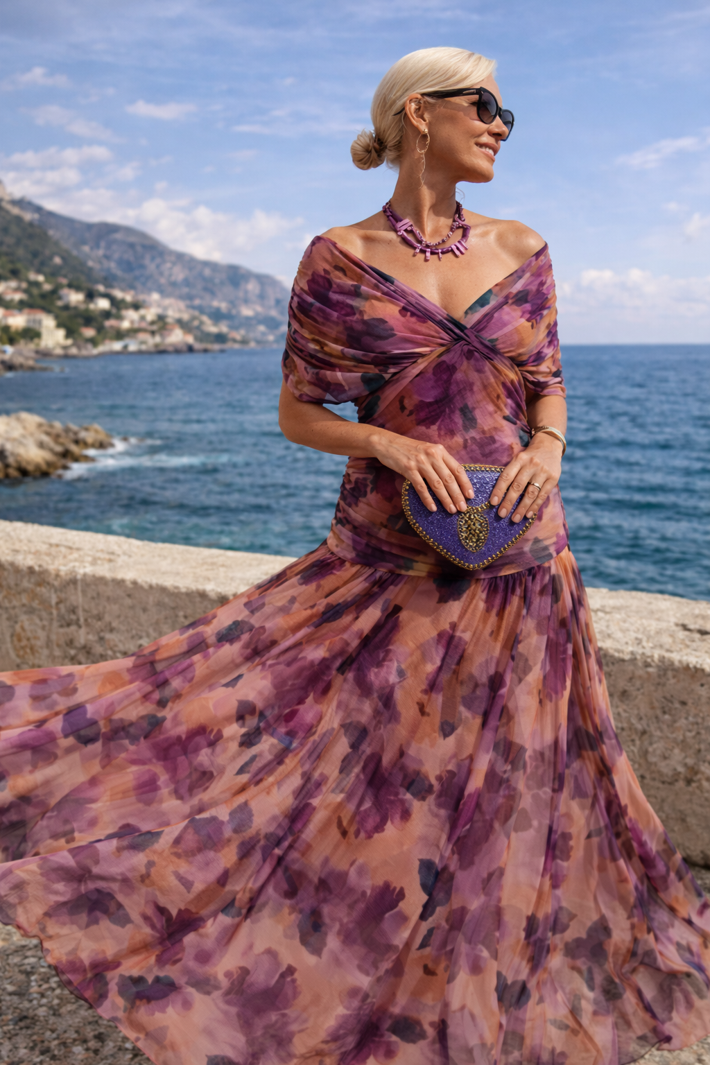 Women's occasion wear: flowing V-neck wrap maxi dress with short sleeves, perfect for formal parties.