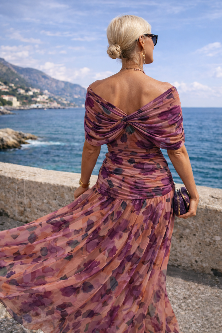 Beautiful women's formal V-neck maxi dress, featuring a flattering wrap and elegant design.