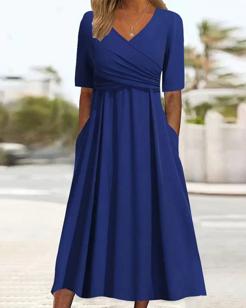 Elegant women's V-neck maxi dress with A-line cut, perfect for formal or casual occasions. Long, flowing design.