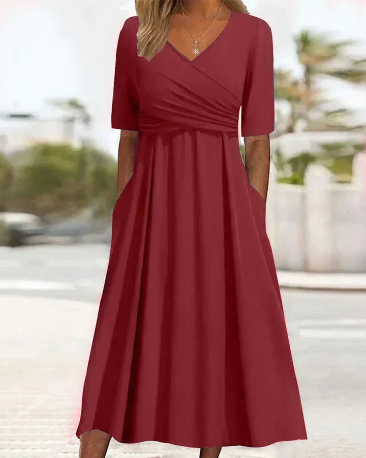 Beautiful blue, gray, or red V-neck maxi dress for women. Elegant, long A-line design, suitable for any occasion.