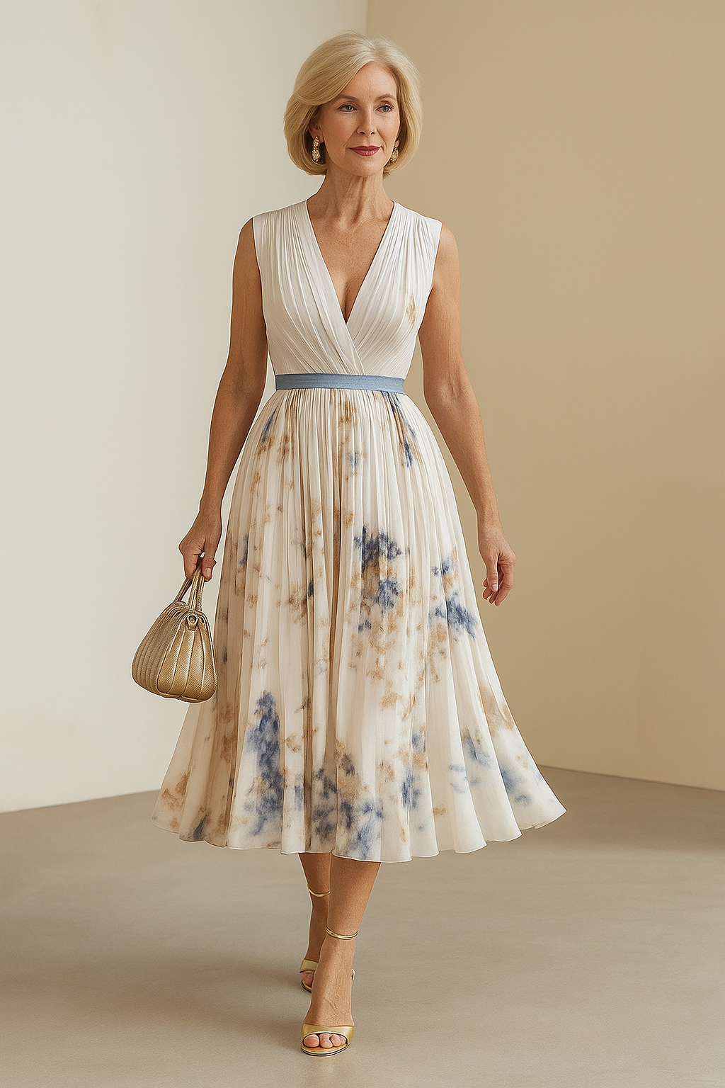 Elegant women's V-neck midi dress, flowing & flattering for summer occasions.