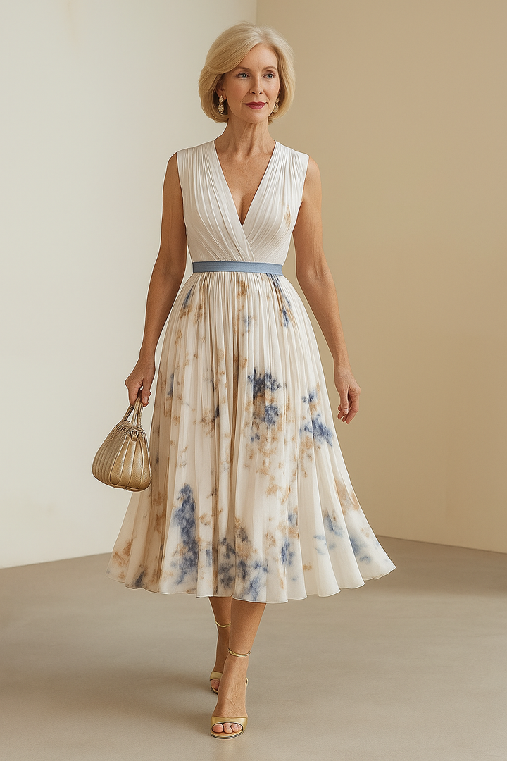 Elegant women's V-neck midi dress, flowing & flattering for summer occasions.
