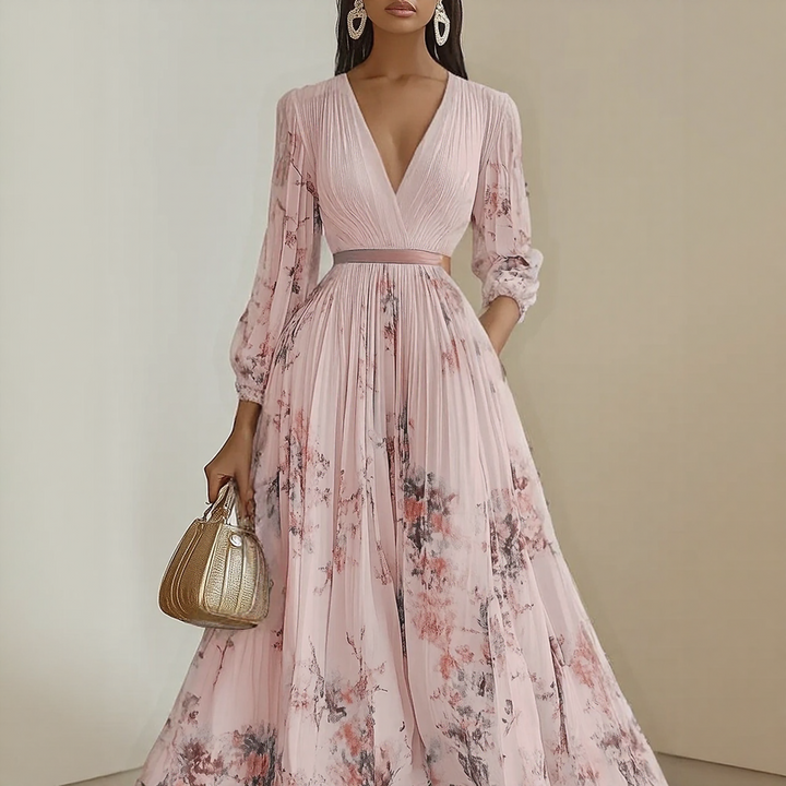 Flattering V-neck midi dress for women, elegant flowing design, ideal for all body types.