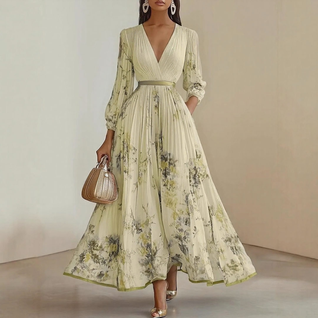 Summer V-neck midi dress, elegant & flowing, perfect for women's warm-weather occasions.