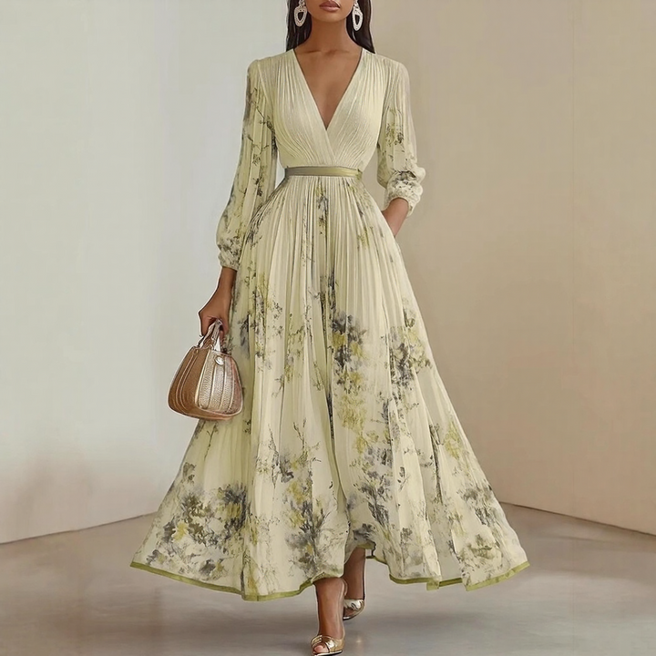 Summer V-neck midi dress, elegant & flowing, perfect for women's warm-weather occasions.