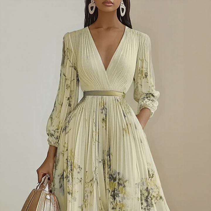 Women's elegant V-neck midi dress, flowing & flattering for any stylish occasion.