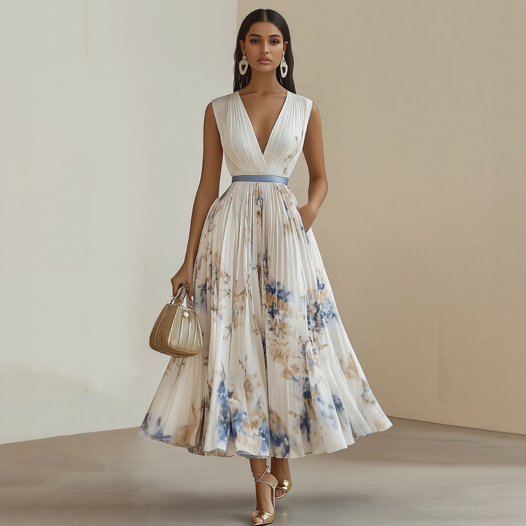 White V-neck midi dress for women, elegant & flowing, perfect for summer parties.