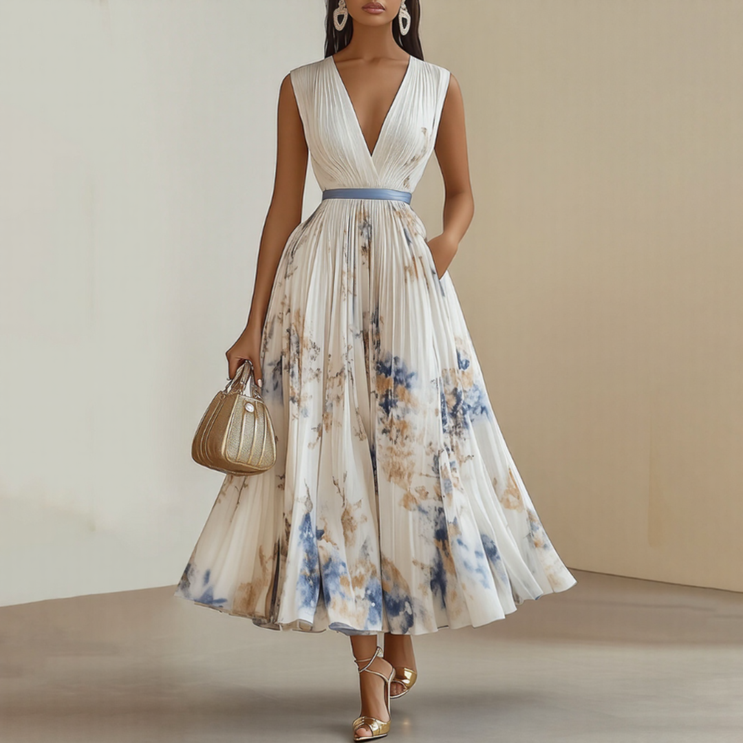 Blue sleeveless V-neck midi dress, flattering women's summer casual or party wear.