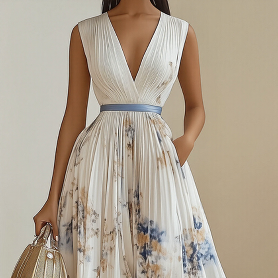 Green elegant V-neck midi dress, flowing style, ideal for women's summer occasions.
