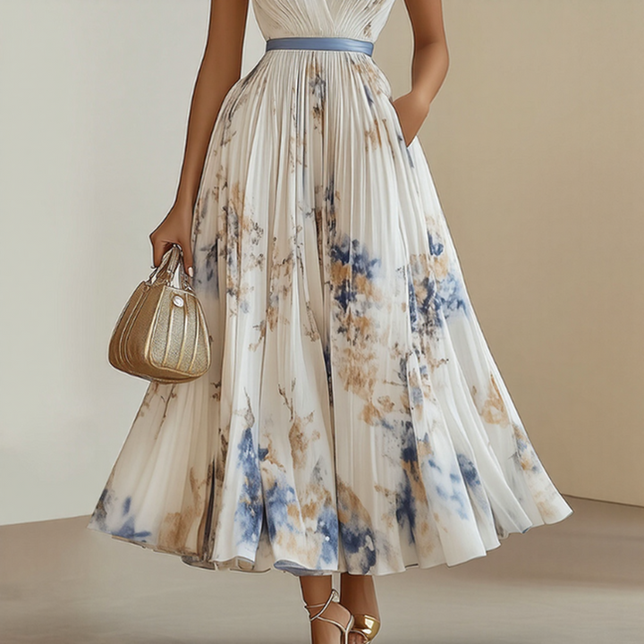 Pink flattering V-neck midi dress, sleeveless design, perfect for women's summer parties.