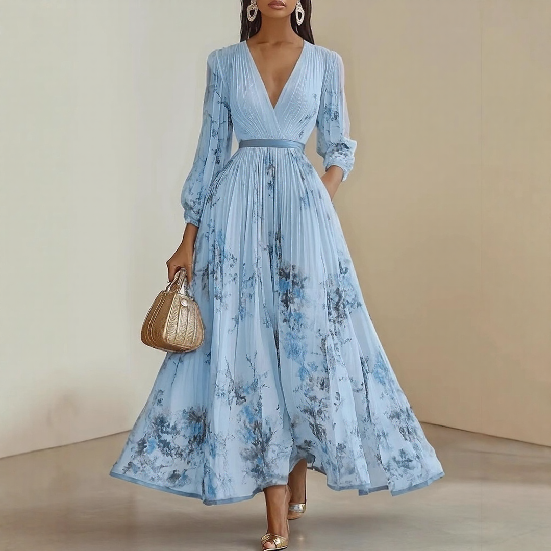 Flowing V-neck midi dress, elegant & flattering for women, suitable for summer events.