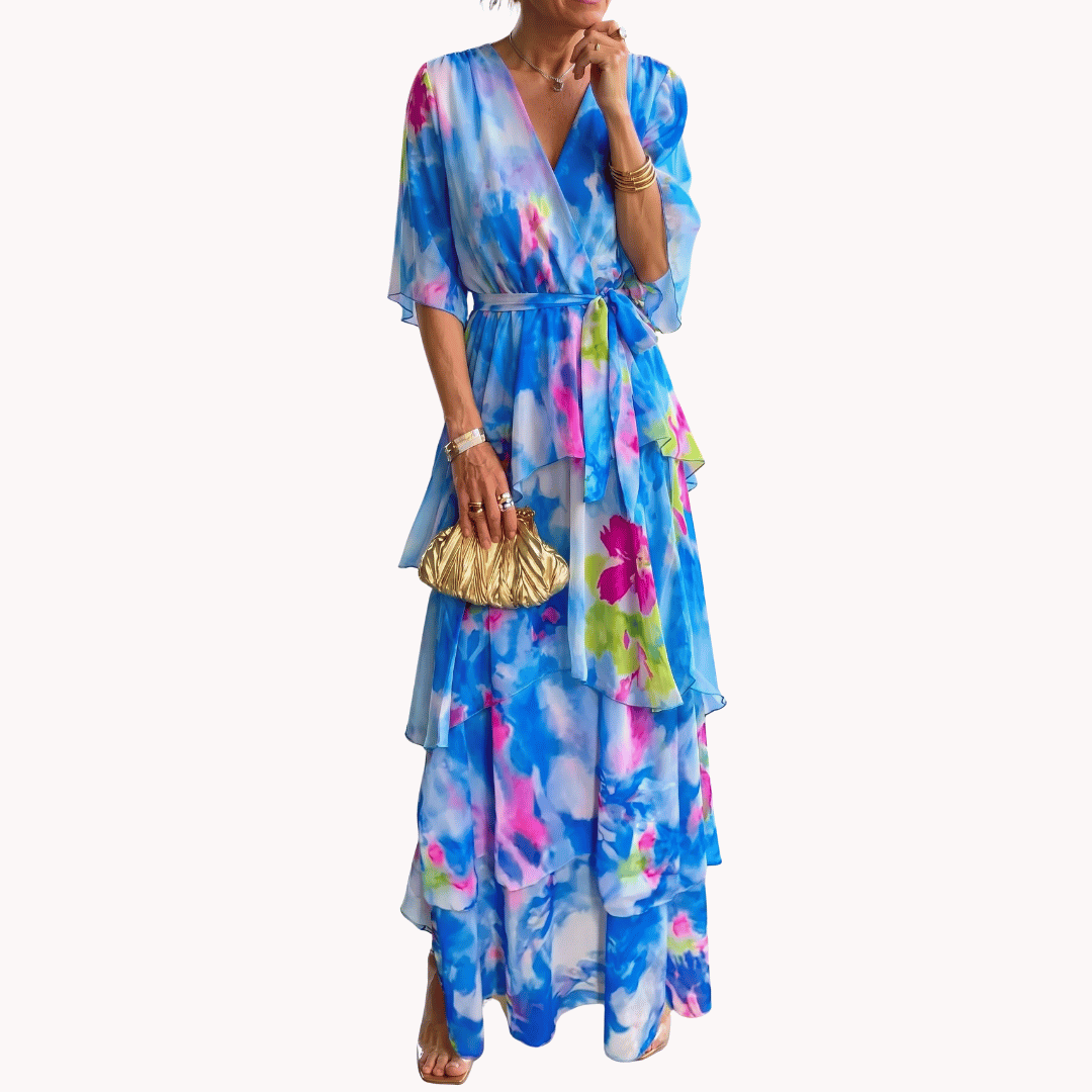 Sophisticated bodycon V-neck midi dress for women, ideal for special occasions & evening events. Elegant blue print.