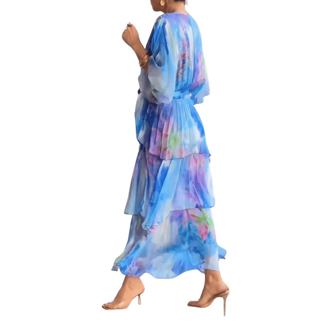 Stylish women's elegant V-neck midi dress with a beautiful blue print, suitable for cocktail, evening, or special wear.