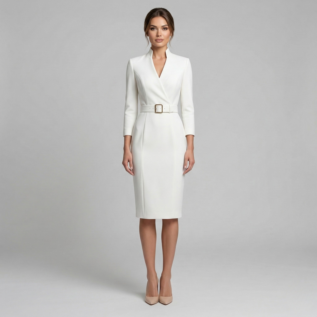 Elegant women's V-neck midi dress with a belt, perfect for professional office wear and formal occasions.