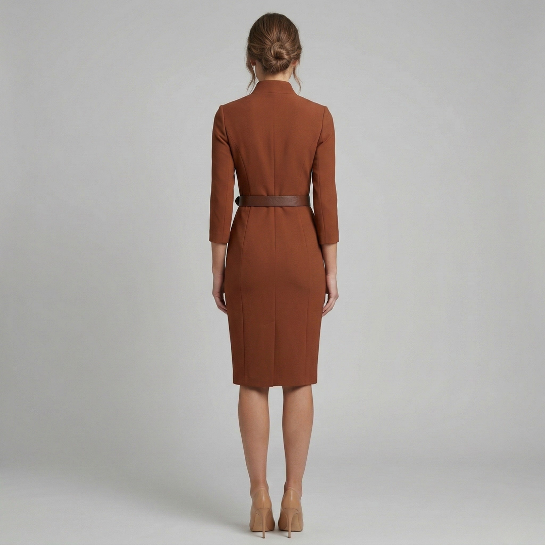 Tailored V-neck midi dress for women, featuring a chic belt and 3/4 sleeves, ideal for professional elegance.