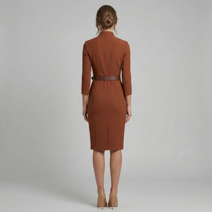 Tailored V-neck midi dress for women, featuring a chic belt and 3/4 sleeves, ideal for professional elegance.