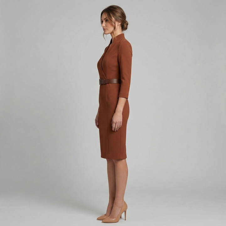 Classic women's professional midi dress with V-neckline and belted waist, suitable for formal office environments.
