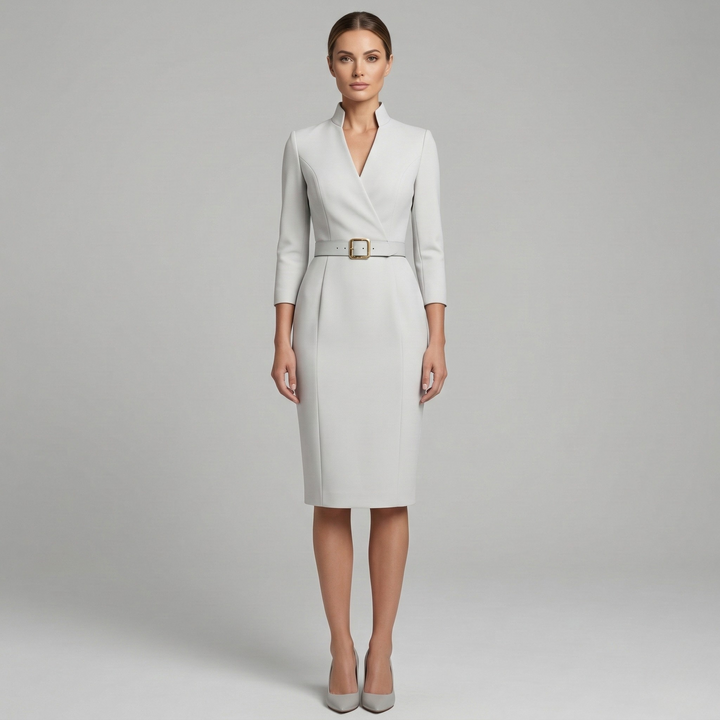 Formal belted V-neck midi dress for women, a professional choice for office wear and special occasions.