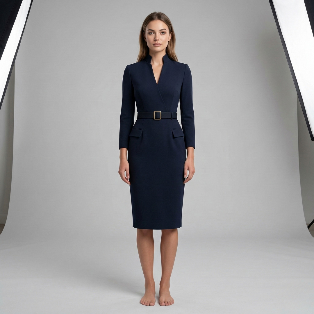 Chic women's V-neck midi dress with a tailored fit and belted waist, perfect for a professional and elegant look.