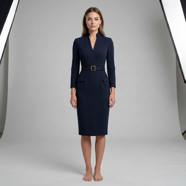 Chic women's V-neck midi dress with a tailored fit and belted waist, perfect for a professional and elegant look.
