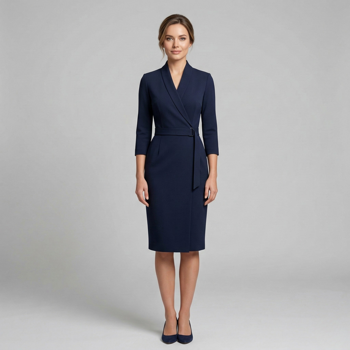 Fashionable women's 3/4 sleeve V-neck midi dress with a belt, ideal for professional, formal, and office wear.