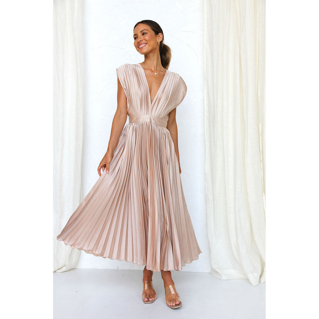 Elegant women's V-neck midi dress with flowing pleated skirt, perfect for spring and summer occasions.