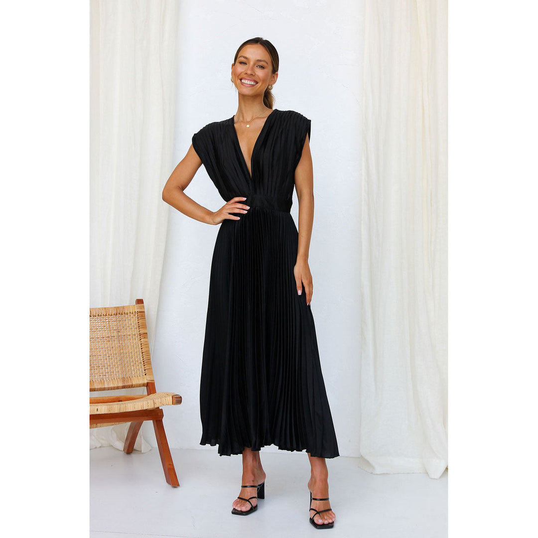 Classic women's V-neck midi dress with a flowing pleated skirt, an elegant choice for any season.