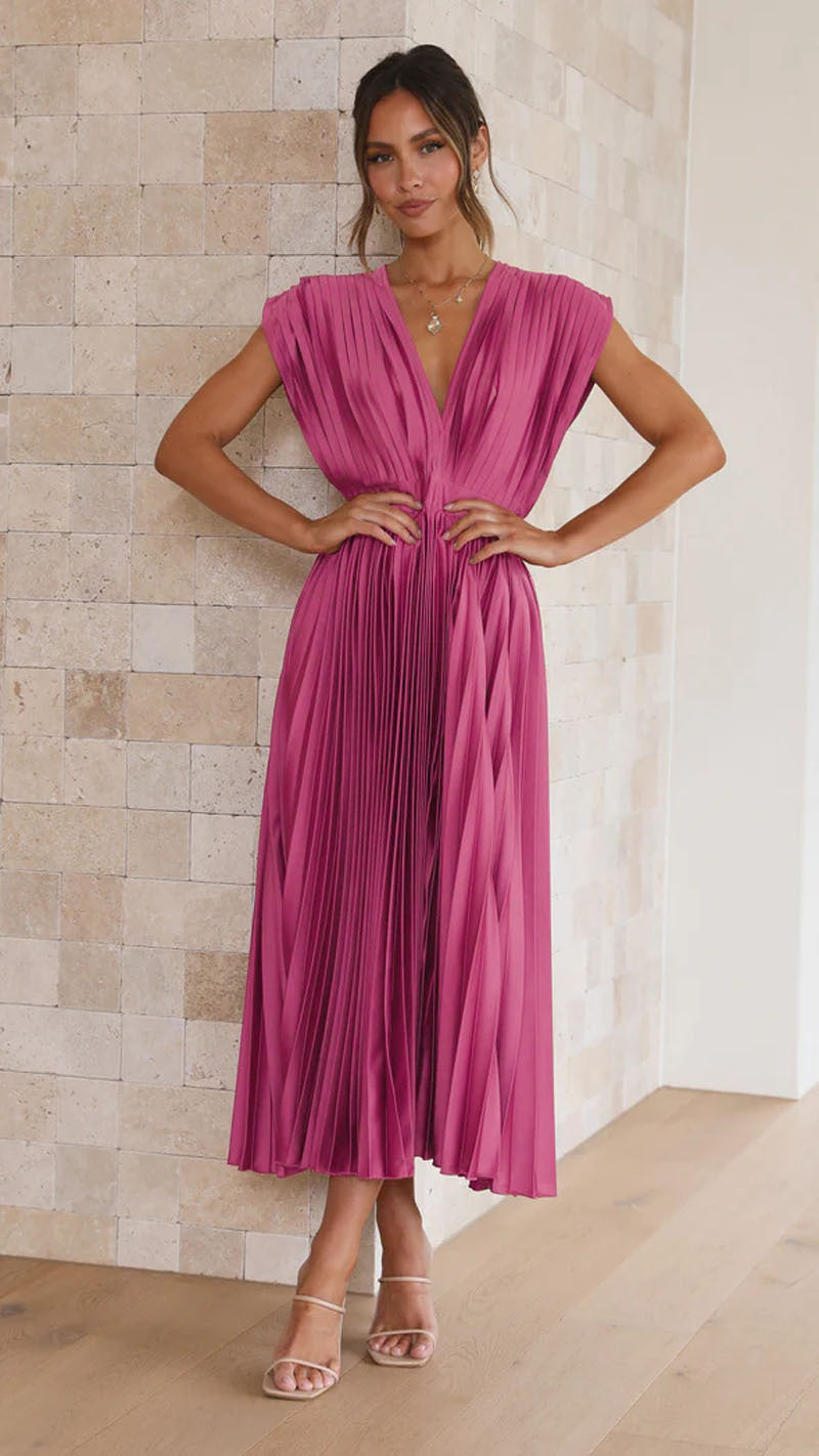 Stylish women's V-neck midi dress with a comfortable, flowing pleated skirt, suitable for day or evening.