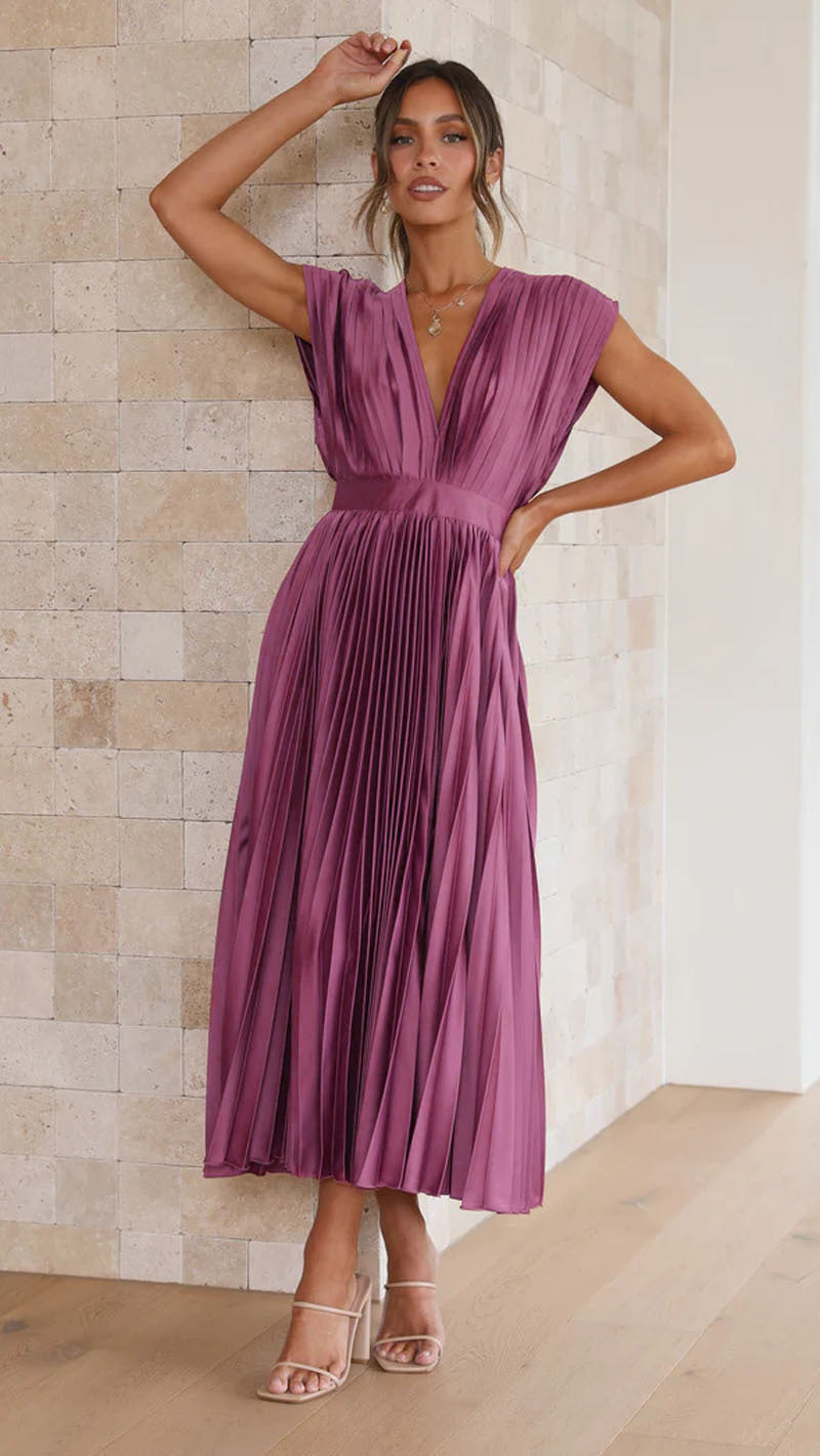 Chic elegant V-neck midi dress for women, with a beautiful flowing pleated skirt, great for summer fashion.
