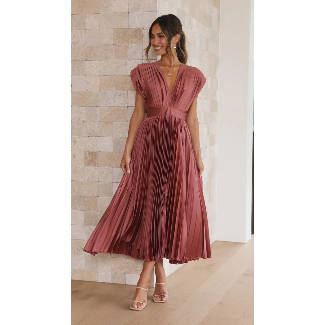 Women's V-neck midi dress, featuring an elegant design and a flowing pleated skirt, perfect for any occasion.