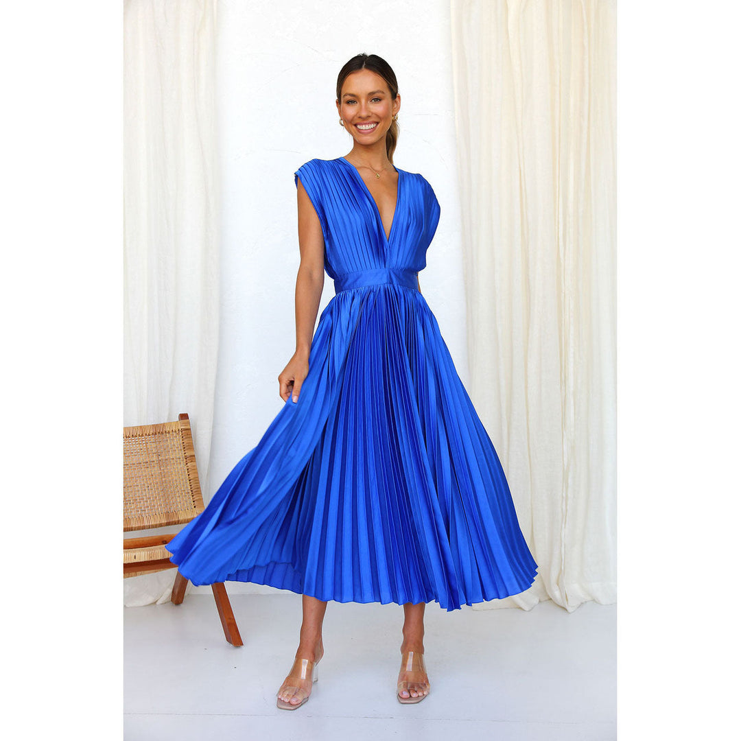 Elegant V-neck women's midi dress with a flowing pleated skirt, suitable for both casual and formal wear.