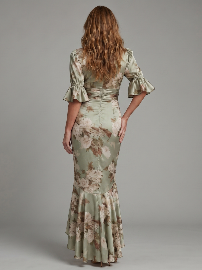 Elegant V-neck midi day dress for women, featuring a flattering ruched waist & comfortable short flutter sleeves.