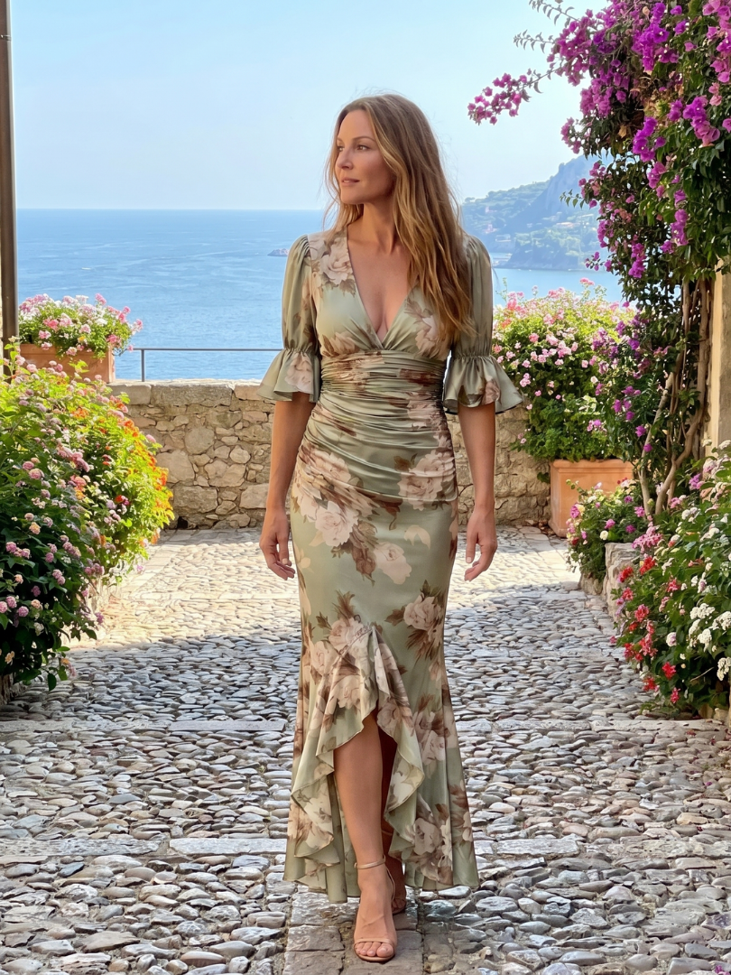 Fashionable women's midi dress: V-neck, ruched waist, and stylish flutter sleeves. Comfortable elegant day dress.