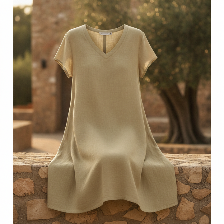 Elegant women's V-neck mini dress. Versatile evening or casual summer house dress, lightweight & breathable.