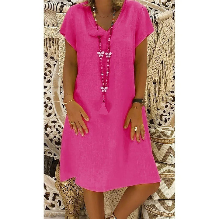 Women's V-neck short dress, elegant for evening and comfortable for a casual summer house dress.