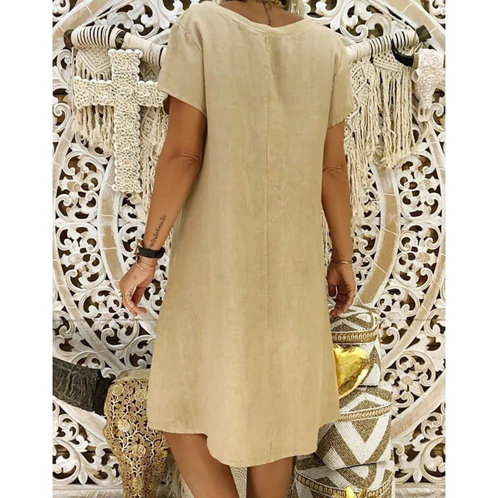 Breathable women's V-neck short dress. Lightweight casual house dress, perfect for warm weather or evening.