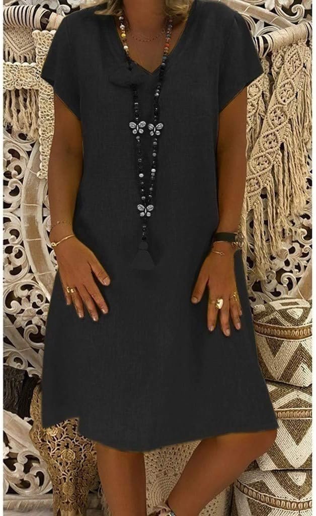Fashionable women's V-neck mini dress. Elegant evening wear or a cozy summer house dress for women.