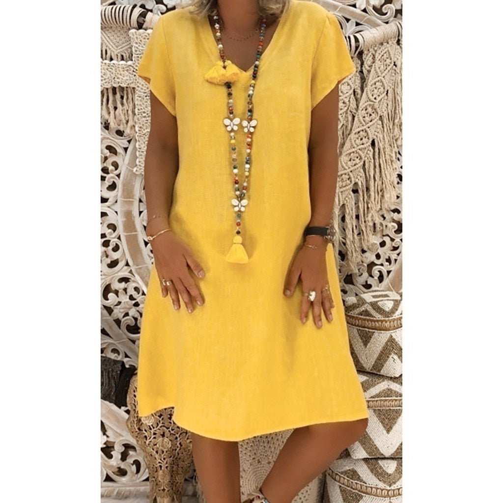 Women's V-neck mini dress. A versatile, lightweight evening party dress or casual summer house dress.