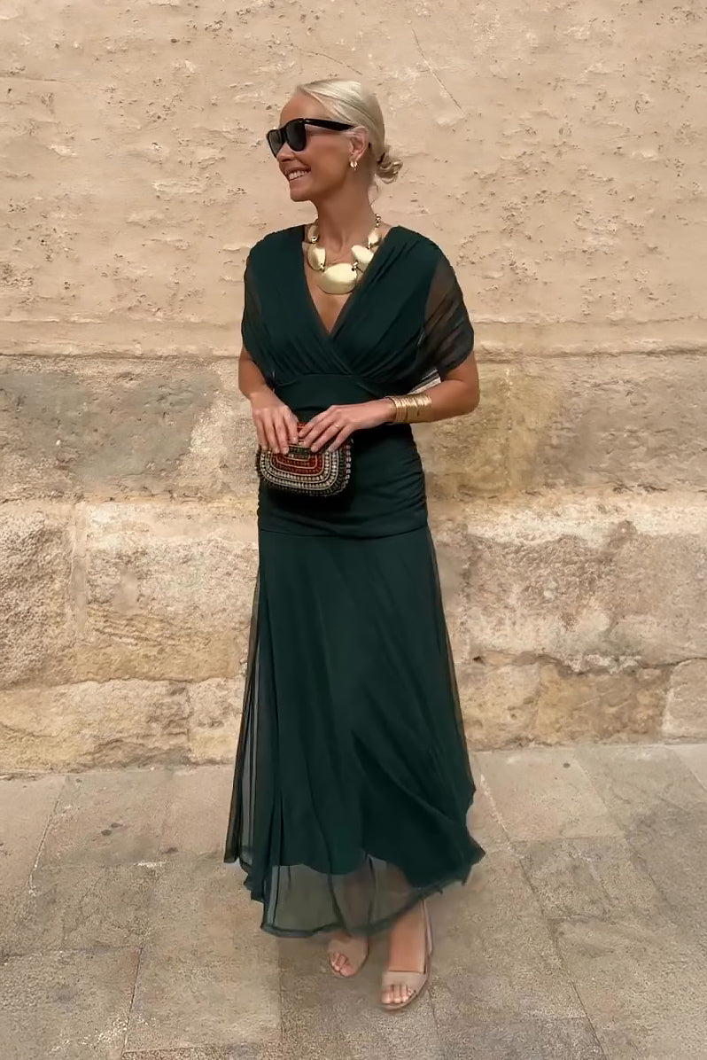 Elegant Women's V-Neck Party Maxi Dress for special occasions. Flowy, colorful gradient evening gown.