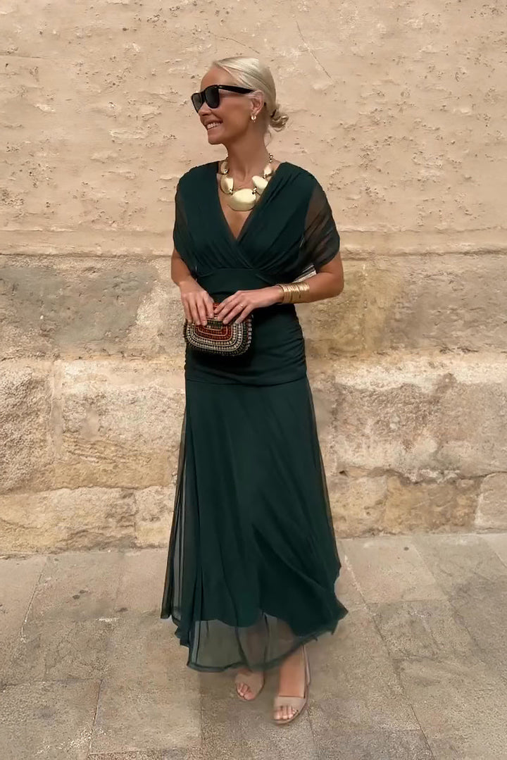 Elegant Women's V-Neck Party Maxi Dress for special occasions. Flowy, colorful gradient evening gown.