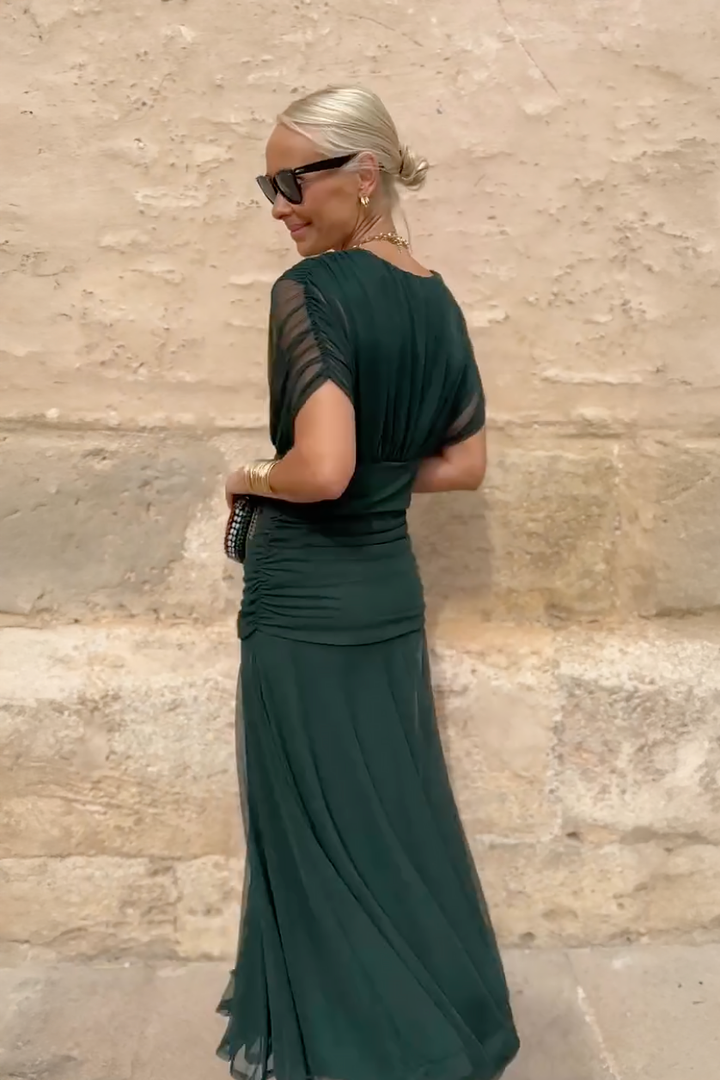 Luxurious V-neck party maxi dress, women's elegant flowy design for formal special occasions.