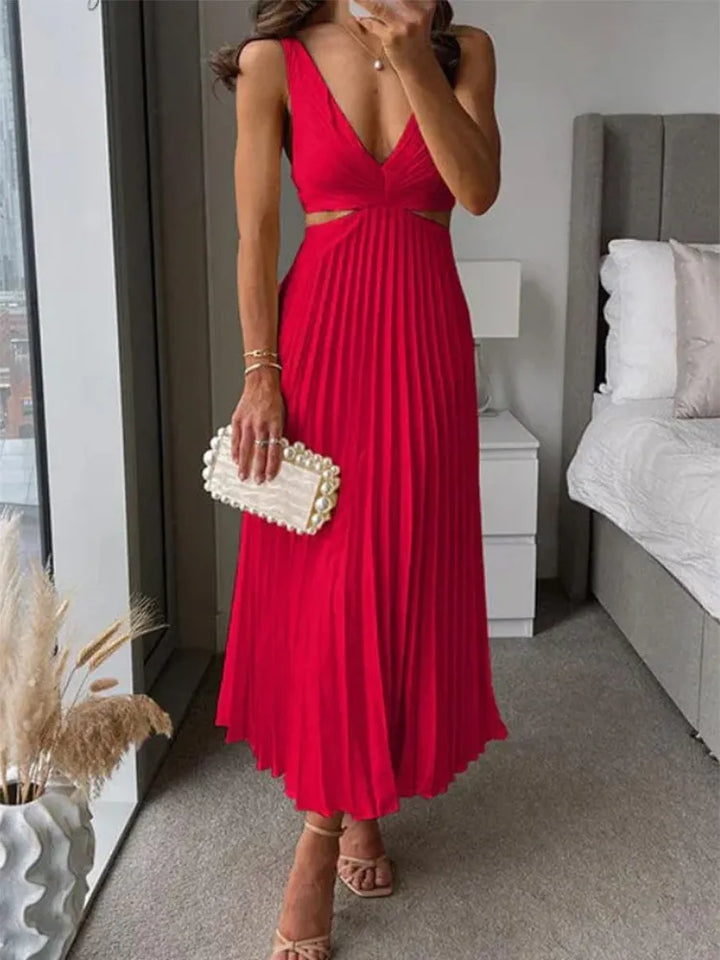 Women's formal V-neck pleated maxi dress in a flowing design, perfect for evening wear.