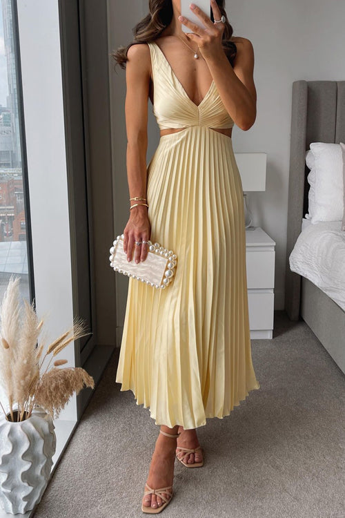 Pleated V-neck maxi dress, an elegant formal evening gown for women's special occasions.