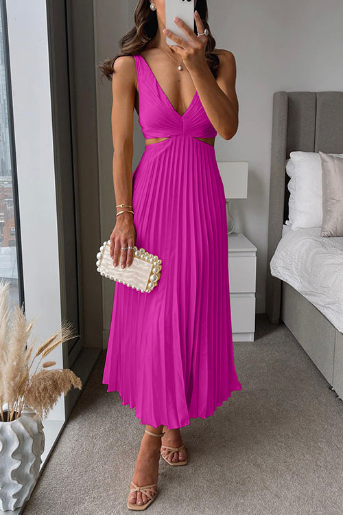 Flowing V-neck pleated maxi dress for women, elegant and formal, perfect as an evening gown.