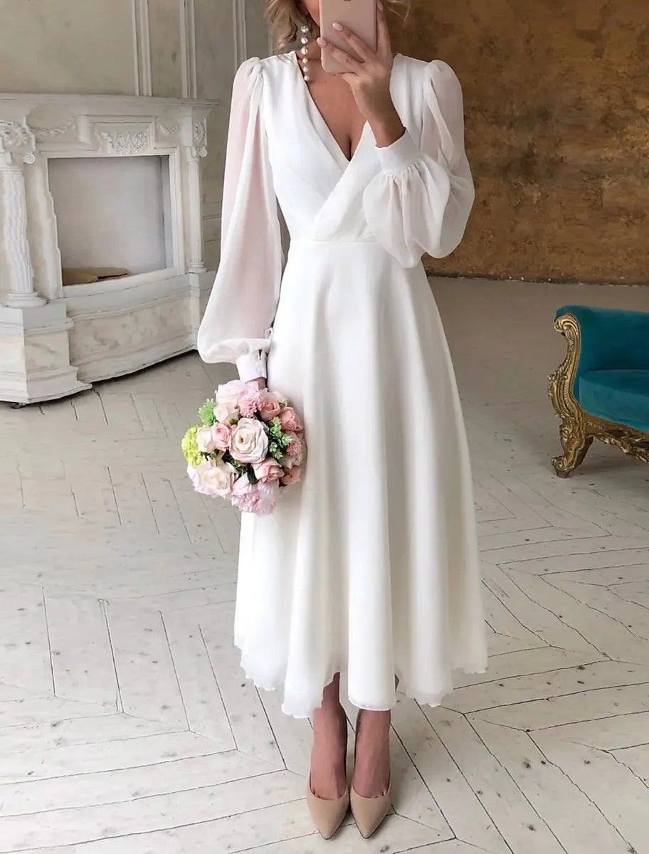 Elegant women's V-neck puff long sleeve A-line midi wedding dress, perfect for civil ceremonies or garden weddings.