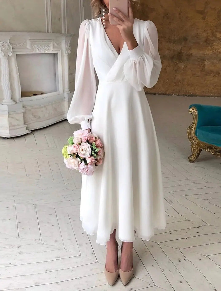Elegant women's V-neck puff long sleeve A-line midi wedding dress, perfect for civil ceremonies or garden weddings.