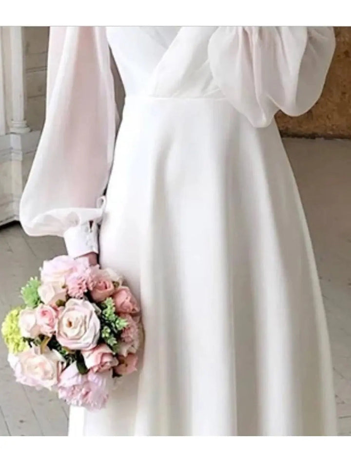 Formal white V-neck puff long sleeve A-line midi dress for women, elegant choice for civil ceremony or special event.