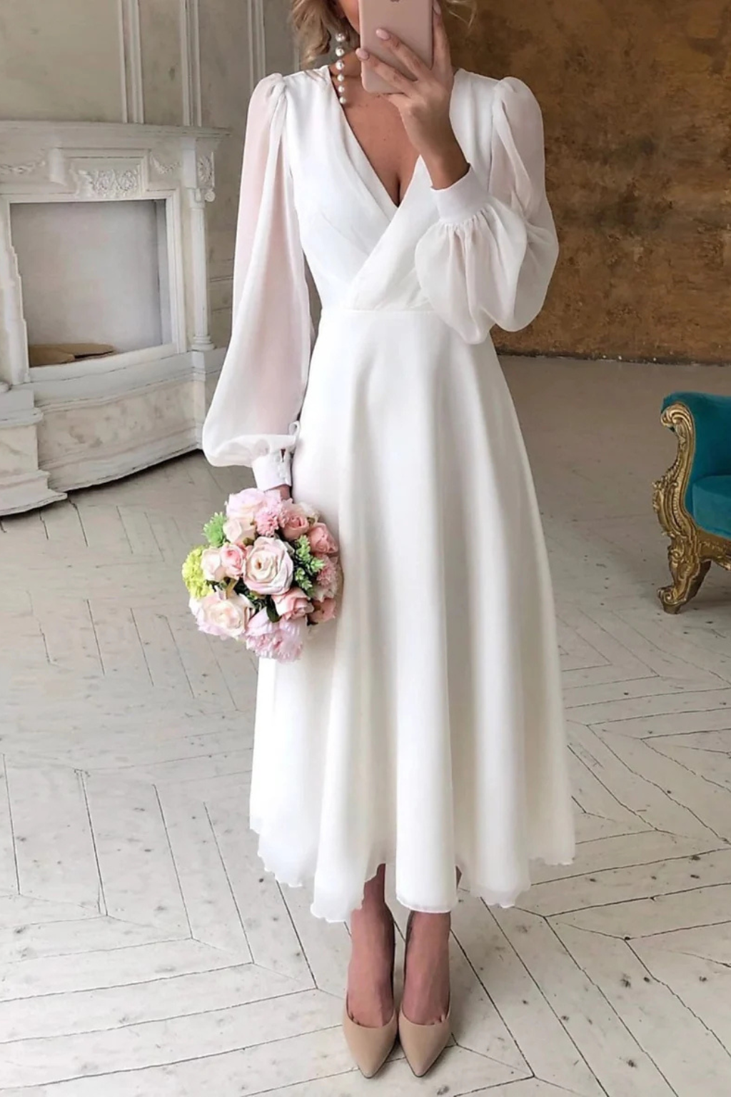 Chic V-neck puff sleeve midi dress for women, ideal as a formal wedding guest, cocktail, or evening party dress.
